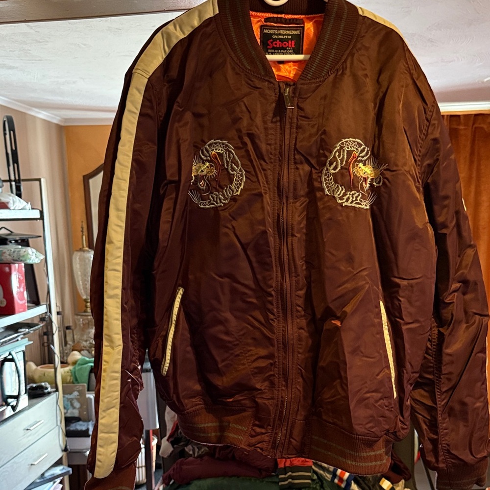 Schott NYC Brown Satin Bomber Jacket with Cream Sleeve Stripes